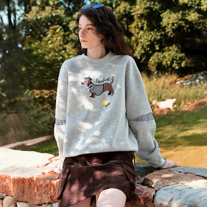 TOYOUTH Women's Sweatshirt 2026 Autumn New Loose Deconstructed Faux Two-Piece Plaid Dachshund Print Vintage Pullover Top