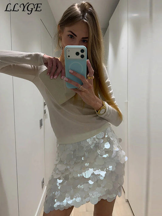 Sexy Sequined Women's Mini Skirts Y2k High Waist Short A-line Beach Skirt 2026 Spring Summer Lady Chic Party Wear