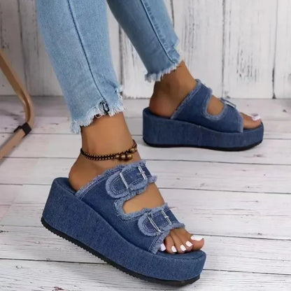 Cowboy Wedges Slippers Shoes Women High Heels Platform Sandals Buckle Flip Flops 2026 Summer Fashion Pumps Zapatos Mujer Slides