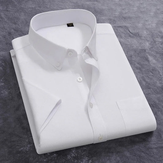 100% Cotton Men's Oxford Shirt Summer Short Sleeve Stylish Loose Stripe Solid Color Fit Dress Formal White Shirt Plus Size 5XL ﻿