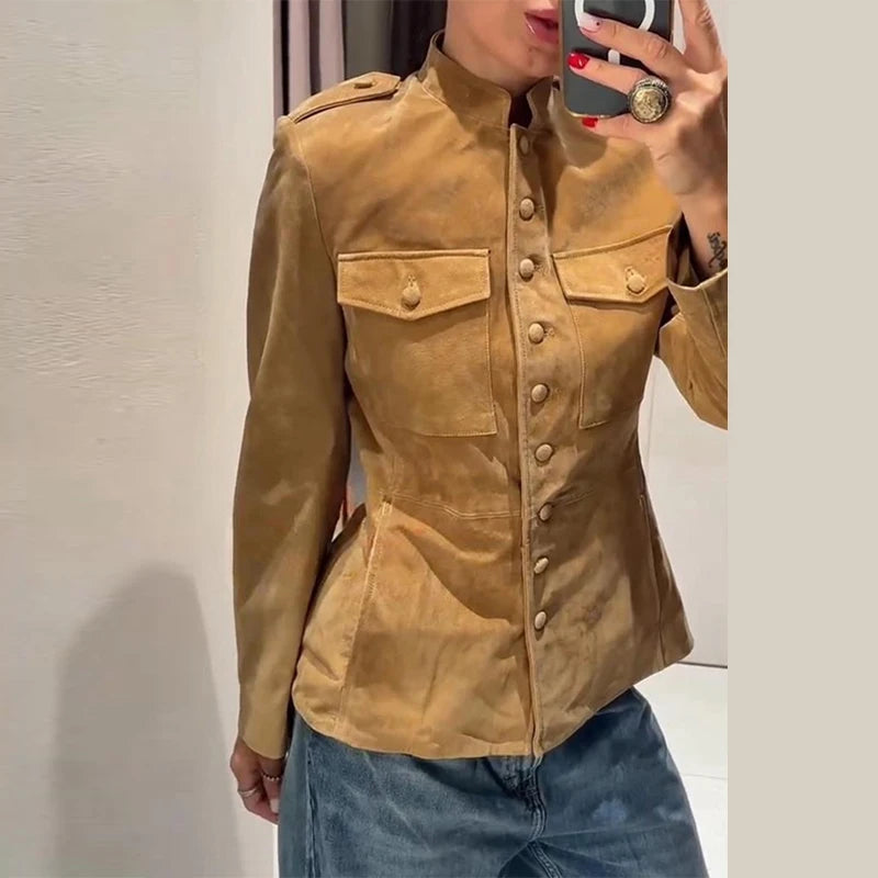 Elegant Women's Suede Short Jacket Slim Waist Cinched Stand Collar Long Sleeve Single Breasted Coats 2026 Autumn Lady Jackets