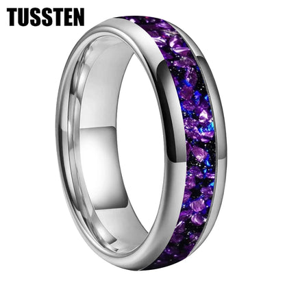 TUSSTEN 4/6/8MM Men's and Women's Wedding Tungsten Ring Galaxy Orion Nebula And Purple Crystal Stone Inlaid Comfortable Fit