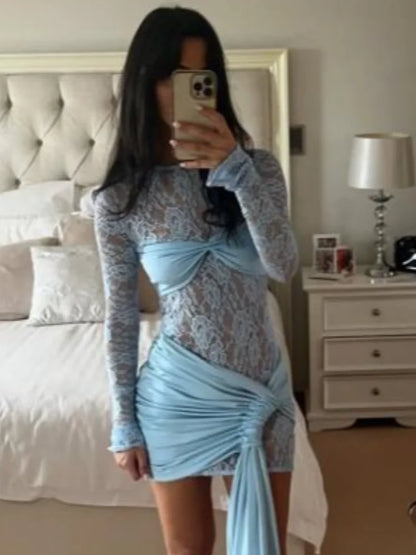 Women Sheer Mesh Light Blue Lace Mini Dress Long Sleeve Twist Front Ruched Skirts Detachable Drape Bodycon Summer Party Outfit