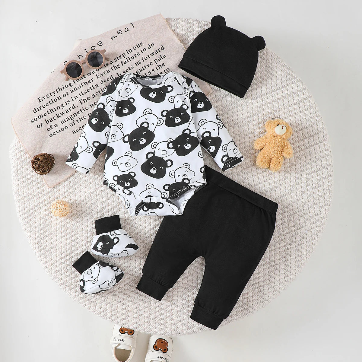 0-9 Months Baby Boy Set Little Bear Long Sleeve Bodysuit+Pants+Hat+Socks 4pcs/Set Baby Spring Autumn Clothing Newborn Set