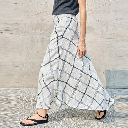 Women's Linen Plaid Long Skirt Summer New Casual Vacation Cotton Linen Skirt Asymmetrical Flowy Loose Ladies Midi Skirts