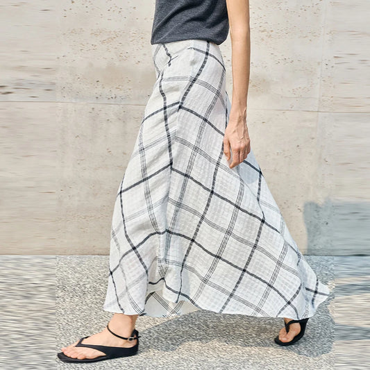 Women's Linen Plaid Long Skirt Summer New Casual Vacation Cotton Linen Skirt Asymmetrical Flowy Loose Ladies Midi Skirts