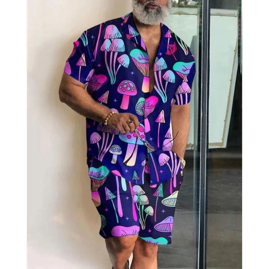Summer Mushroom 3D Print Men Shirt Sets Short Sleeve Shirt Oversized Casual Beach Shorts Streetwear Hawaiian Suits Clothes