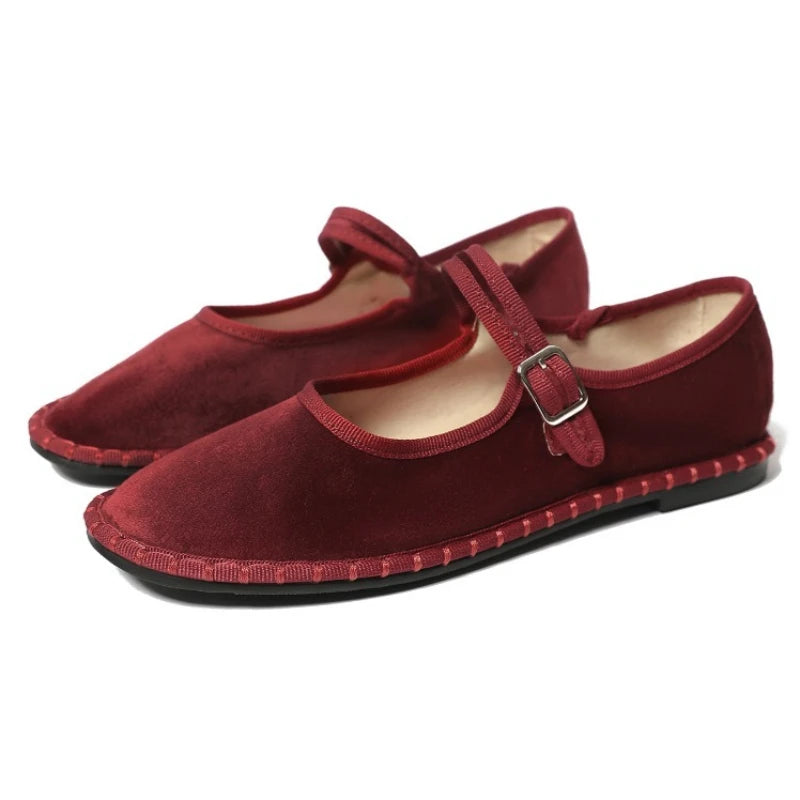 2026 Spring Designer Ballet Flats for Women Luxury Velvet Floral Pattern Buckle Design Mary Jane Shoes Elegant Party Dress Shoes
