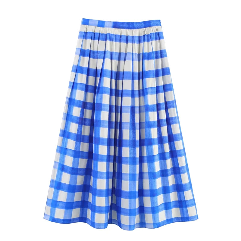 KEYANKETIAN 2025 New Classic Plaid Pleated Puffy Skirt Zipper High Waist Pockets Women's Vintage Ankle-Length A Line MIDI Skirt