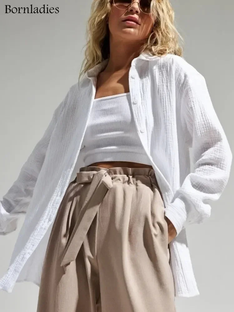 Bornladies 2025 Women's Spring Summer 100% Cotton Shirts Office Lady  Fashionable Solid Lady Long Sleeve Loose Tops Crepe Shirts