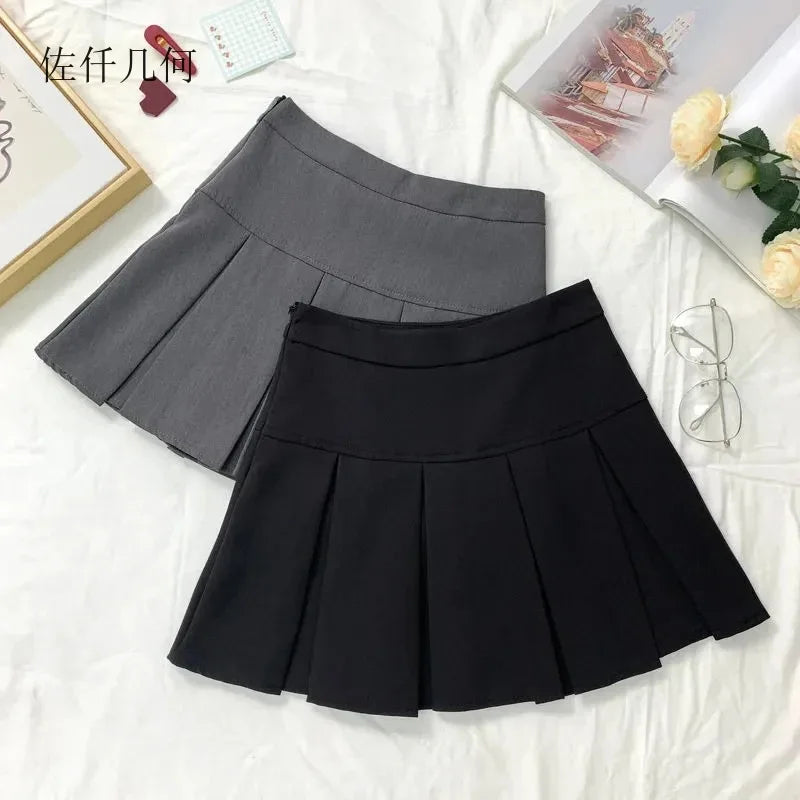 2026 New Black and Grey Pleated Skirt Women High Waist Mini Vintage Solid Skirts Korean Fashion School Uniform Streetwear