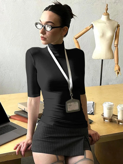 Women's Basic Turtleneck Top Casual Summer Comfortable Half Sleeve Tees Fashionable White Black Basicwear