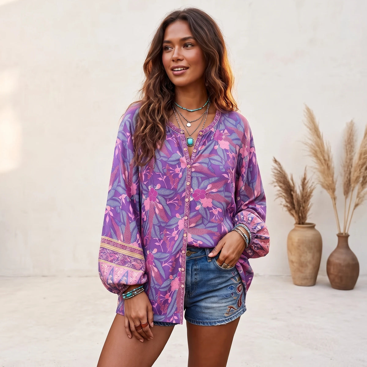 Hippie Vintage Chic Boho Shirt Women Floral Printed O-neck Blouse Shirts Flare Sleeve Female Elegant Bohemian Blusas