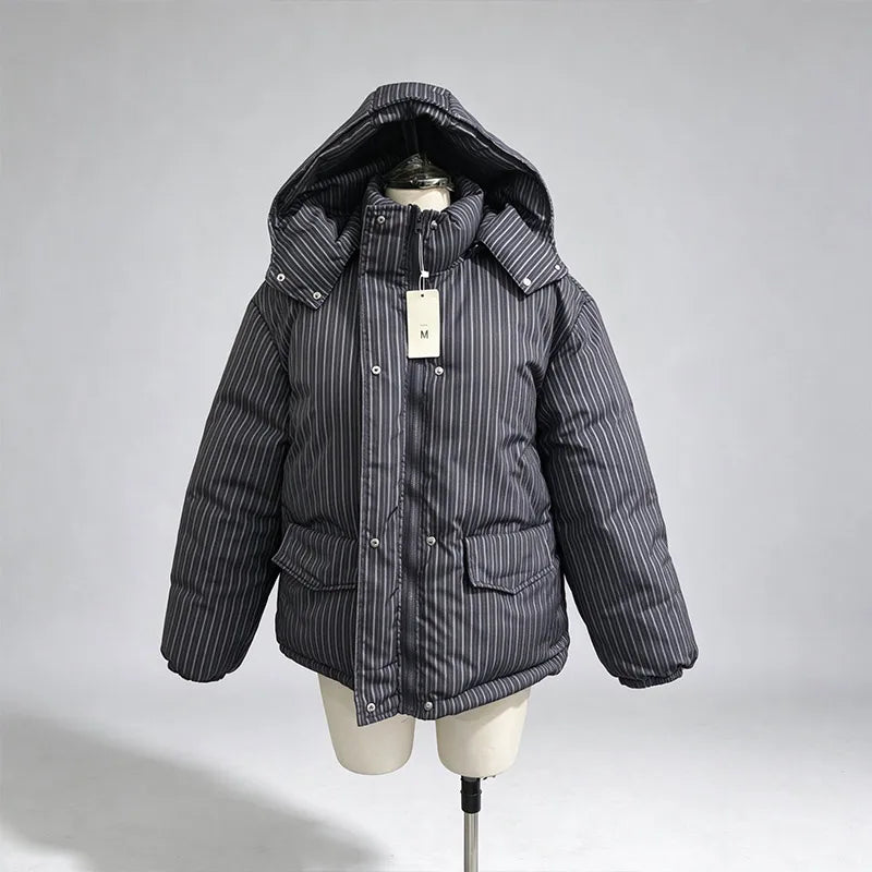 Urban Solid Women Stripe Padded Coat Pant Set Casual Full Sleeve Hooded Zipper Jacket Elastic Waist Pants 2026 Winter Lady Suits