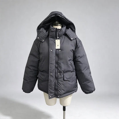Urban Solid Women Stripe Padded Coat Pant Set Casual Full Sleeve Hooded Zipper Jacket Elastic Waist Pants 2026 Winter Lady Suits