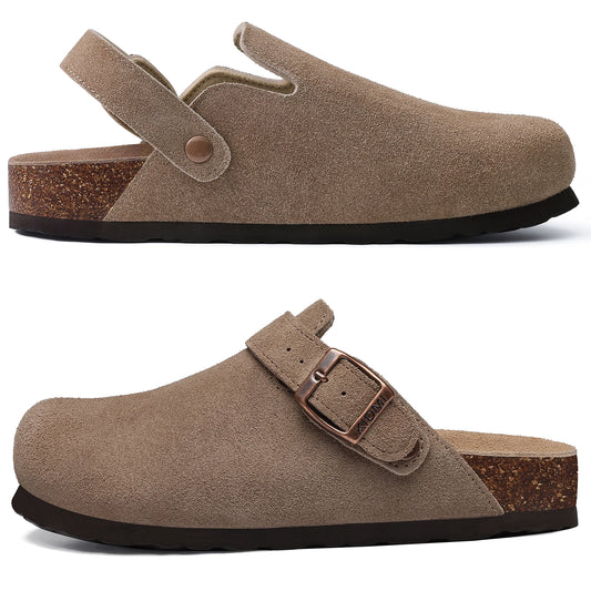 Shevalues Women Cow Suede Clogs With Adjustable Buckle Cork Leather Mules Comfortable Slip on Women Slippers Outdoor Cork Clogs