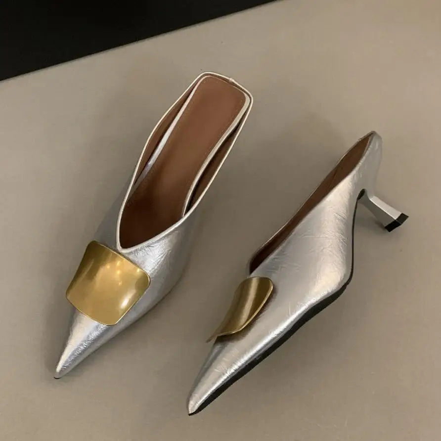 Maogu Luxury Slides Pointed Toe Ladies Shoes Summer Fashion Footwear Thin Mid Heels Shoe Slides Slippers Women 2025 Chain Mules