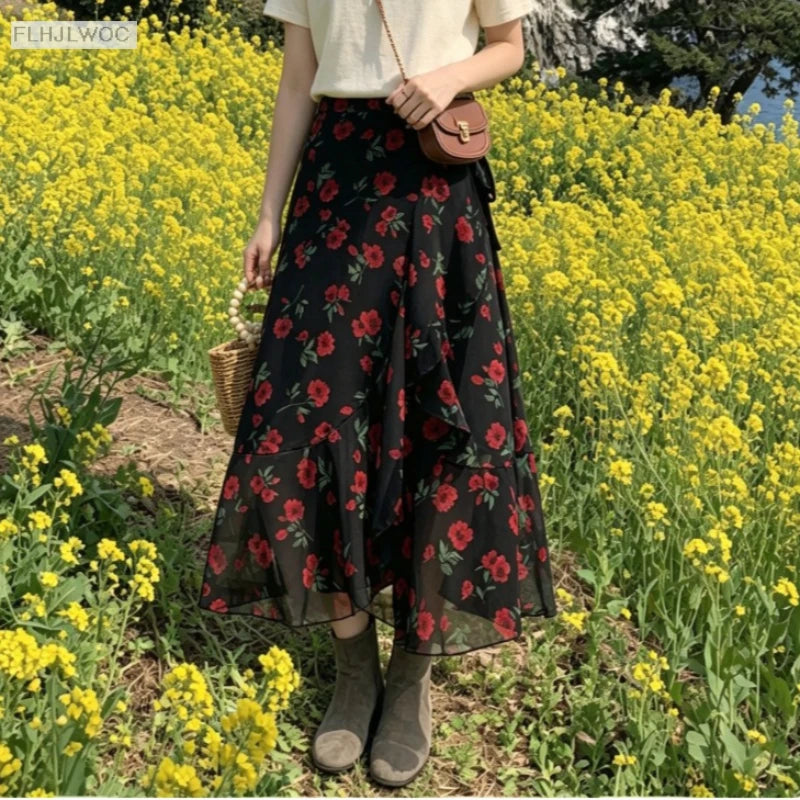 2025 Chic Korea Clothes Summer Women Cute Sweet GIrl Floral Robe Holiday Date High Waist Retro Vintage One-Piece Lace-Up Skirts