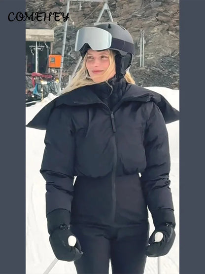 Fashion Hooded Women's Skiwear Jumpsuits Stand Collar Zipper Long Sleeve High Waist Cotton Jumpsuit 2026 Winter Warm Romper
