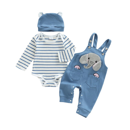 Citgeett Autumn Infant Baby Boys Outfit Sets Long Sleeve Striped Romper Elephant Embroidery Suspender Pants Hat Sets