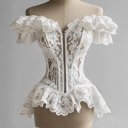 French Corset Women's Blouse Lace Ruffle Off Shoulder Zip Up Tube Tops Bustier Overbust Waist Slimming Strapless Tube Female Top