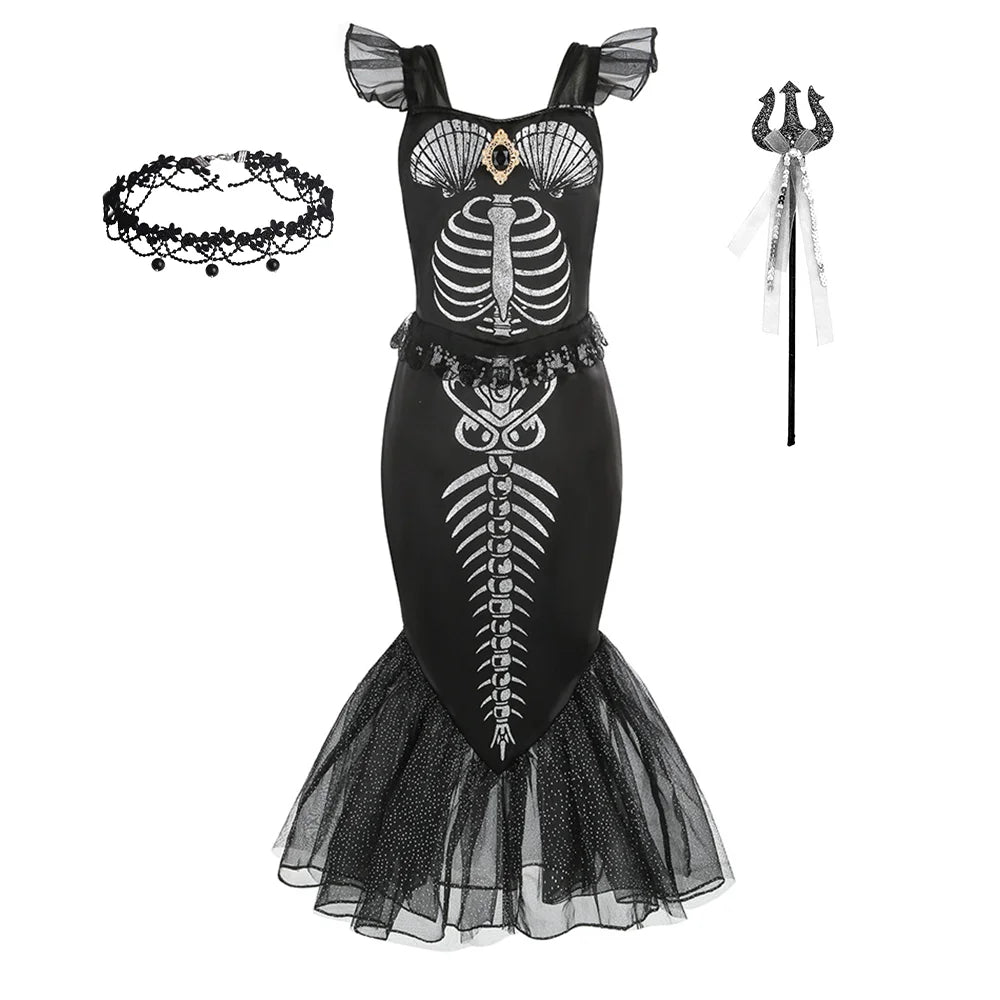 2-10Yrs Girls Halloween Party Skeleton Print Mermaid Princess Dress Gothic Style Black Trumpet Skirt Siren Ariel Cosplay Costume