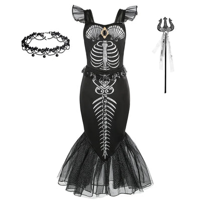 2-10Yrs Girls Halloween Party Skeleton Print Mermaid Princess Dress Gothic Style Black Trumpet Skirt Siren Ariel Cosplay Costume
