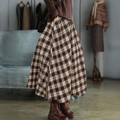Womens Vintage Plaid Midi Skirt High Waist Elastic A Line Long Skirt Autumn Winter Casual