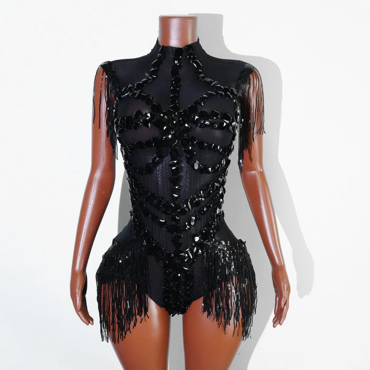 Black Sequins Fringes Leotard Mesh See through Party Bodysuit Women Sparkle Rhinestones Nightclub Prom Gogo Dance Stage Outfits