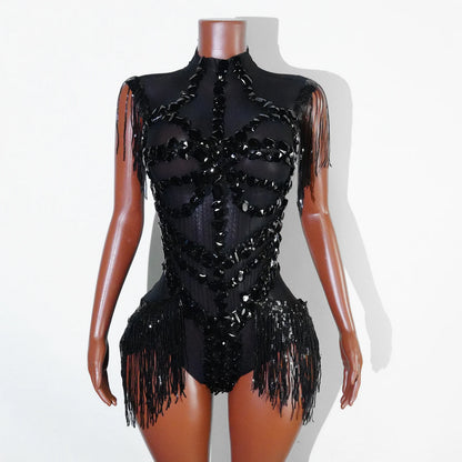 Black Sequins Fringes Leotard Mesh See through Party Bodysuit Women Sparkle Rhinestones Nightclub Prom Gogo Dance Stage Outfits