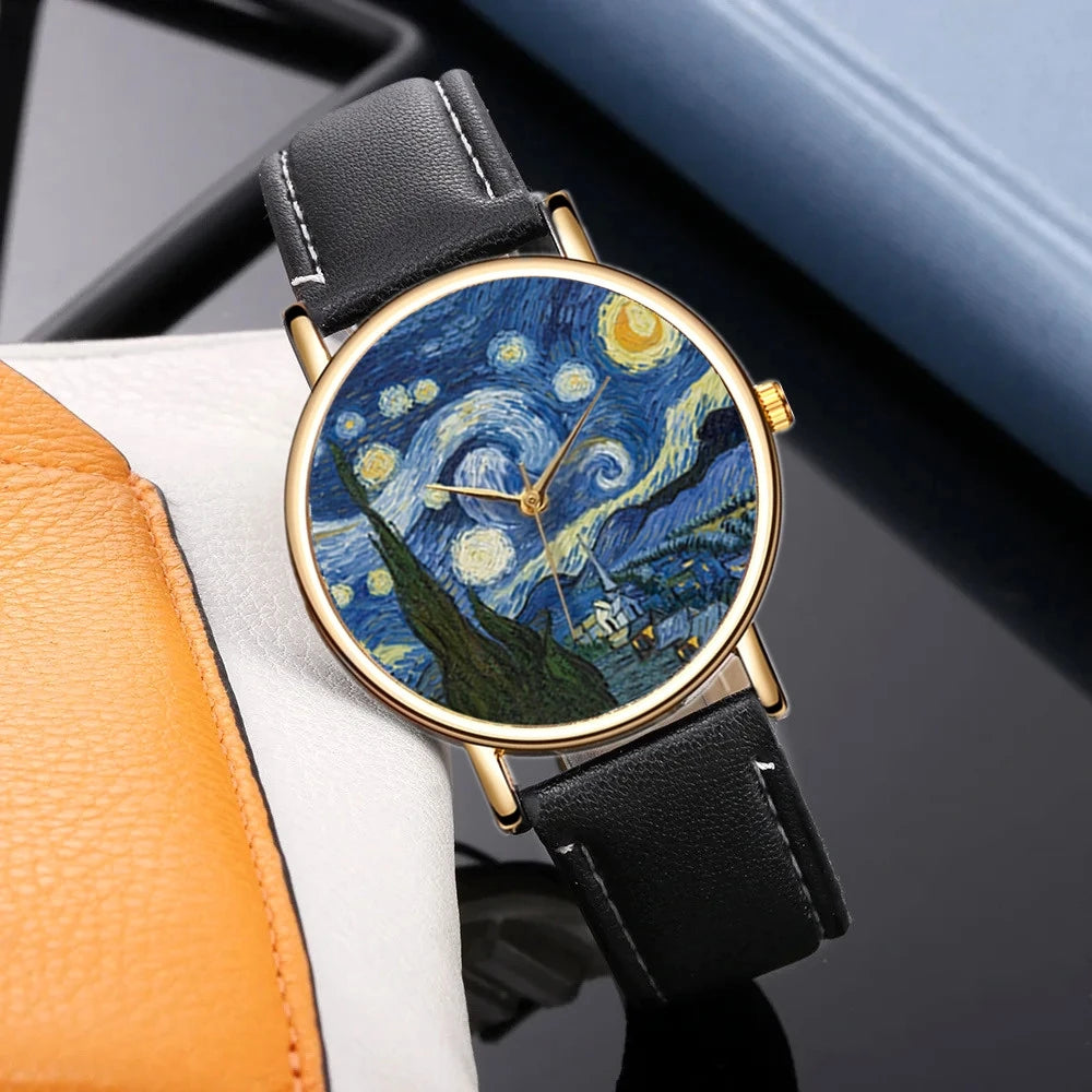 Van Gogh Painting Dial Watches for Women Men Metal Case Leather Strap Quartz Watches Artwork The Starry Night Woman Watches Gift