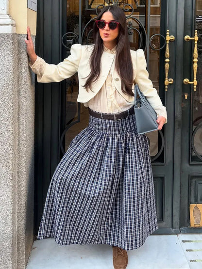 Women's Checked Pleated Skirt with Waist Detail