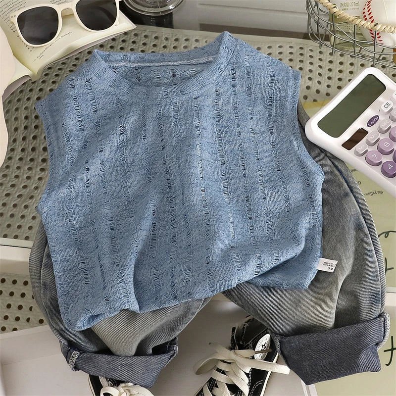Summer Boys T-shirts Tops For Kids Baby Hollow Knit Vest Tees Children's Clothing Casual Solid Color Breathable Sleeveless Tops