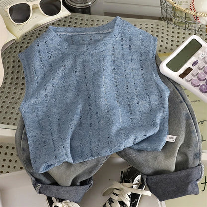 Summer Boys T-shirts Tops For Kids Baby Hollow Knit Vest Tees Children's Clothing Casual Solid Color Breathable Sleeveless Tops