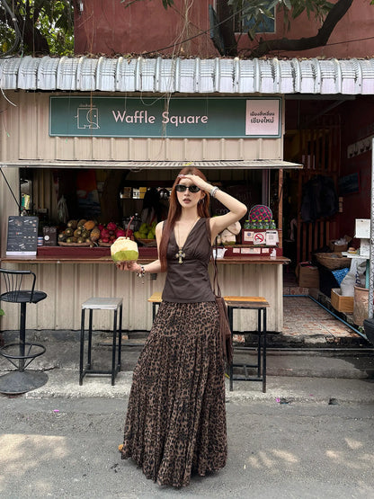 【FANGTING】Women's Leopard Print Skirt Summer Elastic Waist Chiffon High Waist Vintage Midi Skirt