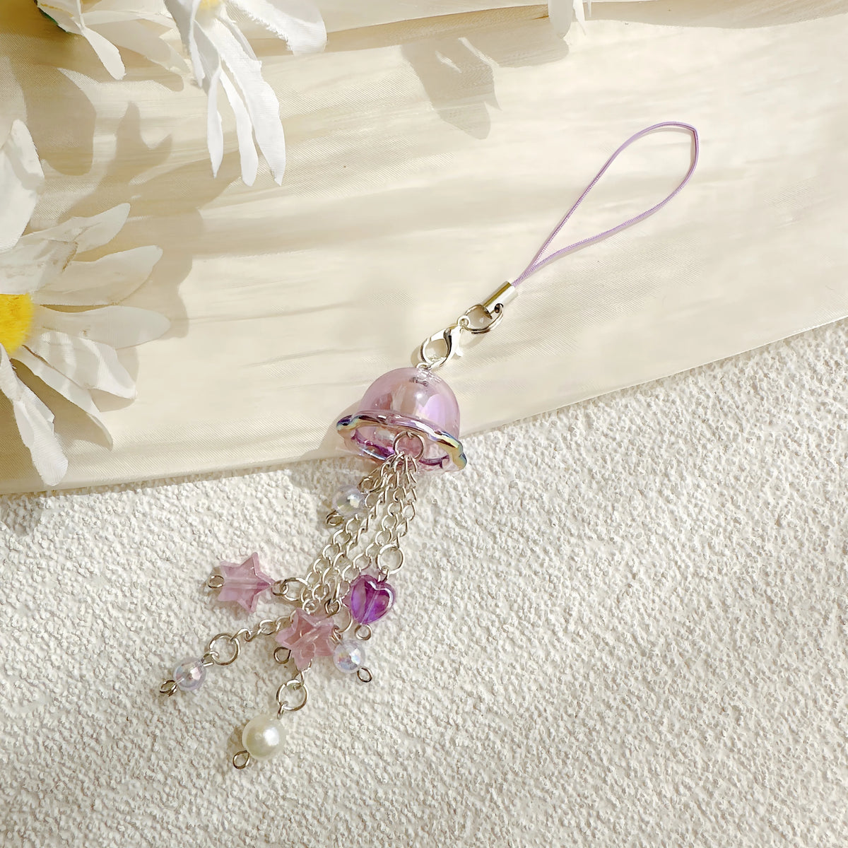 Purple Pink Jellyfish Key Chain Wind Chimes Star Heart Beaded Keyring for Phone Camera Earphone Case Charm Pendant Keycord