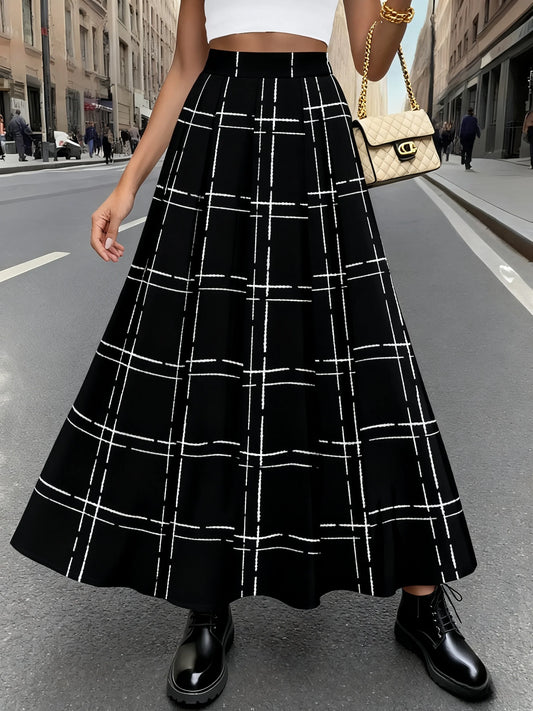 Women's High Waist A Line Pleated Skirt with Black and White Plaid Print Casual Office Midi Skirt for Summer Spring