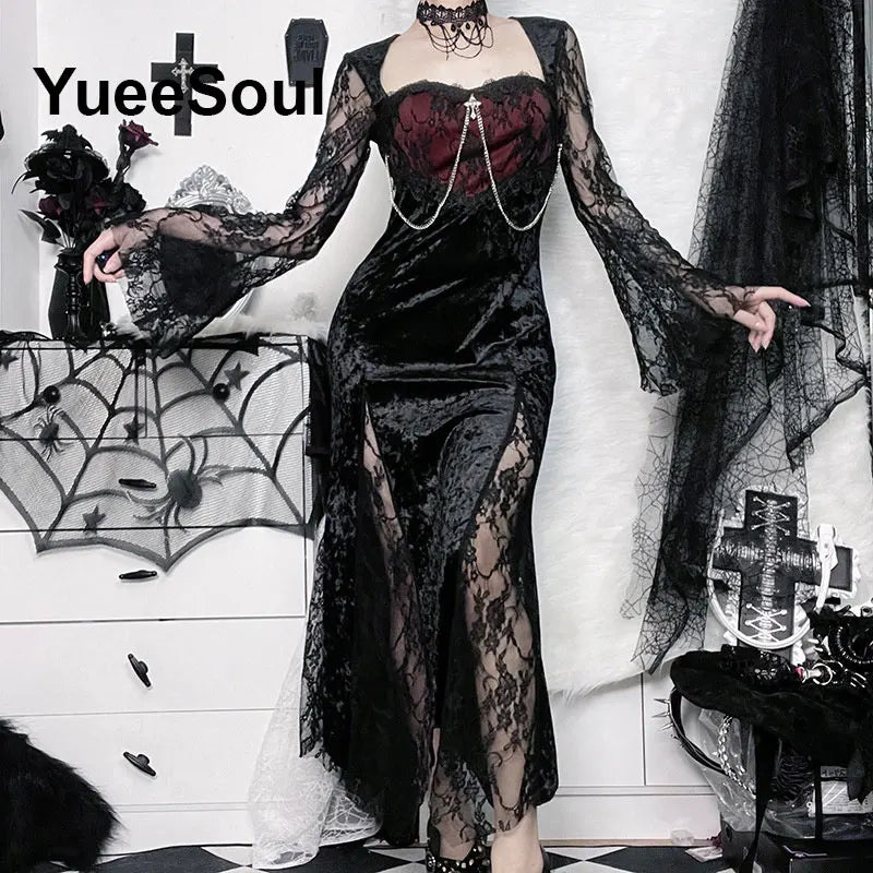 Halloween Gothic Grunge Punk Women Dress Long Sleeve Lace Slim Black Dresses 2026 New Y2K Harajuku Lolita Fairy Core Party Dress