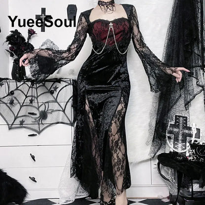 Halloween Gothic Grunge Punk Women Dress Long Sleeve Lace Slim Black Dresses 2026 New Y2K Harajuku Lolita Fairy Core Party Dress