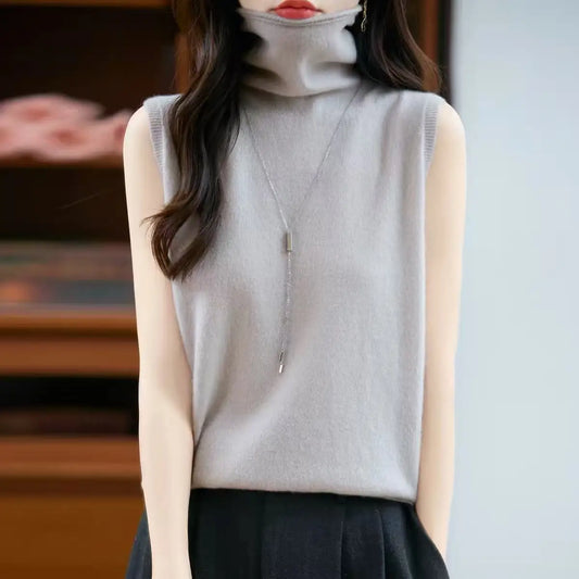 Women 100% Merino Wool Sleeveless Pullovers Turtleneck Sweater Waistcoat Wool Knitwear Spring/Autumn/Winter Fashion Vest Tops