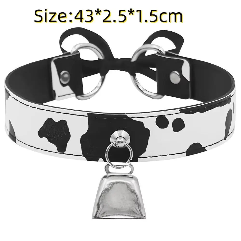 Sexy Leather Choker Necklace Cow Print Adjustable Bell Collar Women Necklace