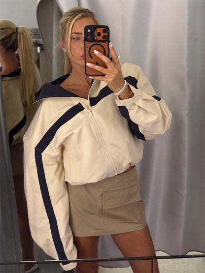 Women Color Block Jacket Casual Half Zip Collar Navy Striped Oversize Long Sleeve Sport Jackets Autumn Chic Street Wear New 2026
