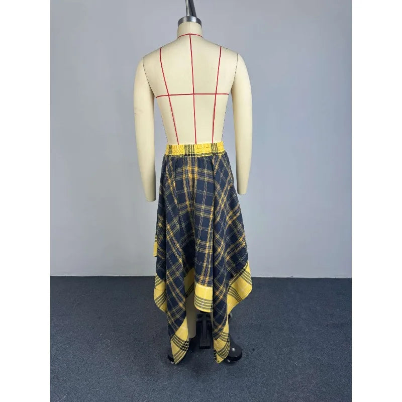 2026 Summer Women Plaid Midi Skirt High Waist Elastic Waist Tie Wrap Irregular Asymmetrical A-line Skirt Vintage Tartan Skirt