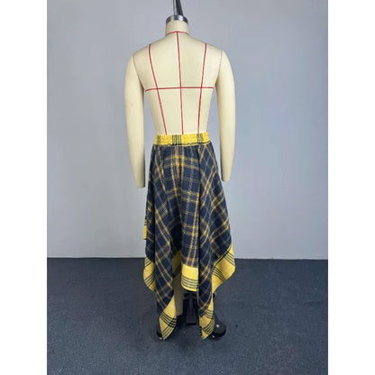 2026 Summer Women Plaid Midi Skirt High Waist Elastic Waist Tie Wrap Irregular Asymmetrical A-line Skirt Vintage Tartan Skirt