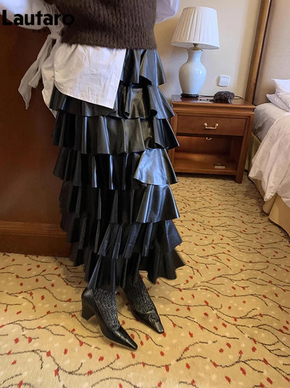Lautaro Spring Autumn Black Pu Leather Midi Tiered Skirt Women with Elastic High Waist Long Elegant Luxury Designer Clothes 2023
