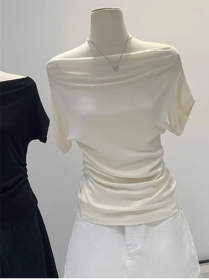 Summer One Shoulder Black Women's T-shirt Short Sleeve Korean Style Slimming Top Exposed Shoulder Fashionable