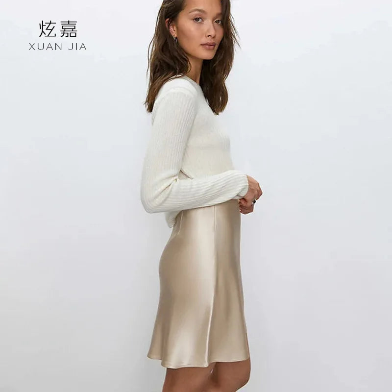 Satin Silk Short Skirt Women's Summer 100% Mulberry Silk Drape Skirt Elastic High Waist Slim Fit Hip Wrap A Word Skirt