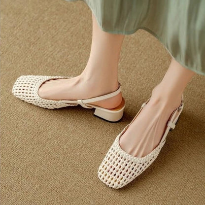 French Square-Toed Woven High-Heeled Sandals, 2025 Summer New Skeletonized Fashionable Leather Fabric Mid-Heel Women's Shoes