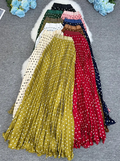 Polka Dot Print High Elegant A-line Pleated Long Skirt For Women 2025 Spring autumn Office Lady Casual Leopard Skirts
