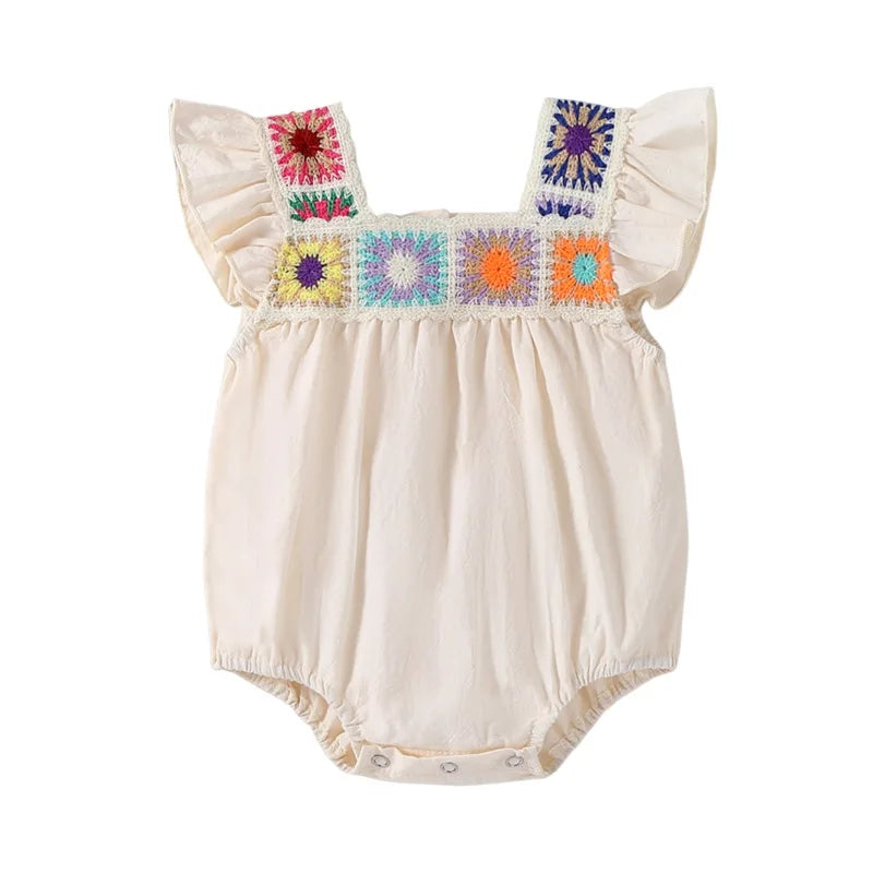 Baby Girl Summer Romper Fly Sleeve Square Neck Crochet Flower Bodysuit Newborn Playsuit